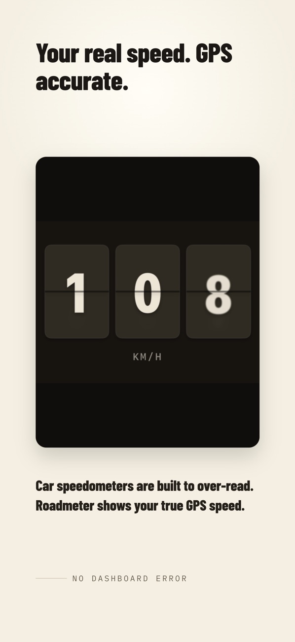 Roadmeter's split-flap digital dial reading 108 km/h: your real speed, GPS accurate