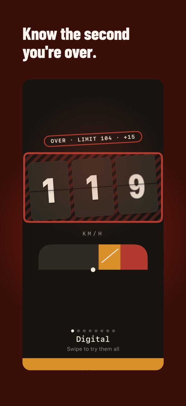Over-limit alert: the dial turns red with a hazard frame when you pass the limit you set