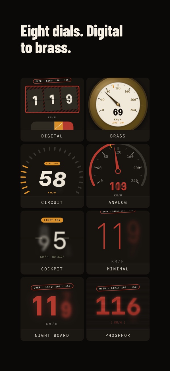 The eight dial styles: Digital, Brass, Circuit, Analog, Cockpit, Minimal, Night Board and Phosphor